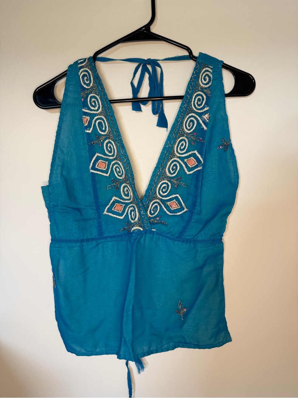 Embroidered Teal Halter V-Neck Top